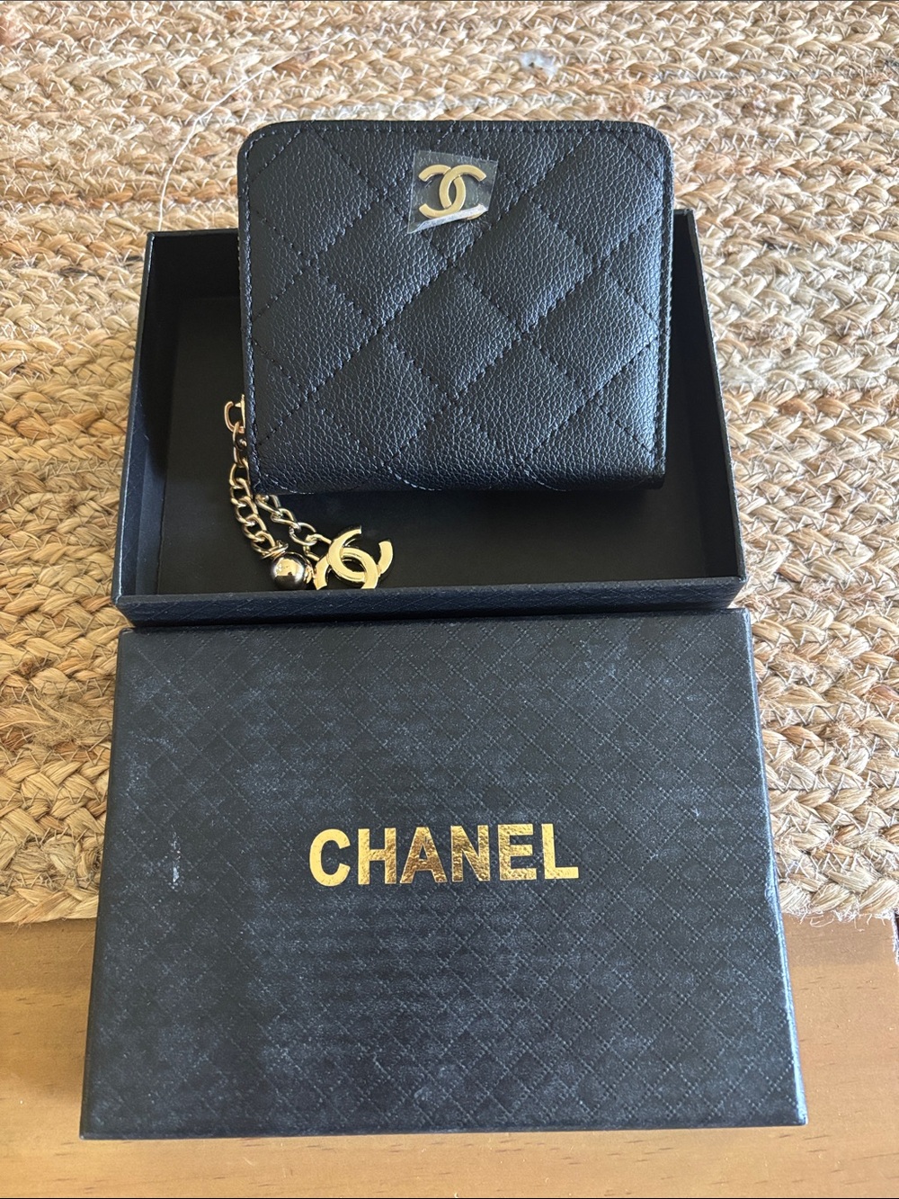 Black Quilted Leather Small Wallet with Gold CC Charm and Chain